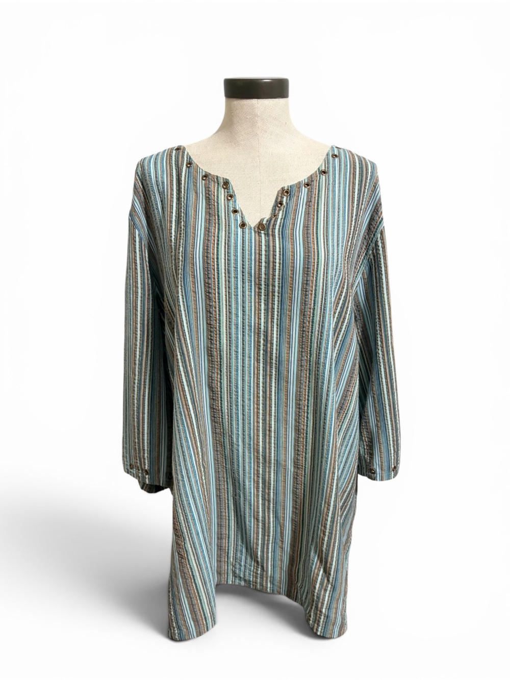 Liz‎ & Me Striped Tunic Top Blue Brown Grommet Neck 3/4 Sleeve Plus Size 3X